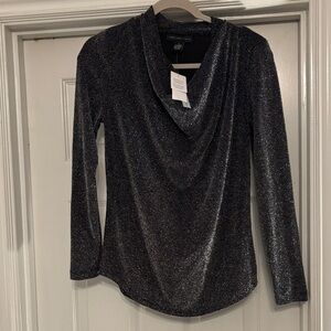 Joan Vass Black and Silver Shimmer Cowl Neck Top